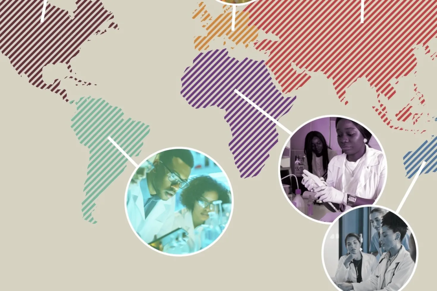 Campaign poster featuring a coloured map of the world with pictures showing health workers and researchers connected to different countries
