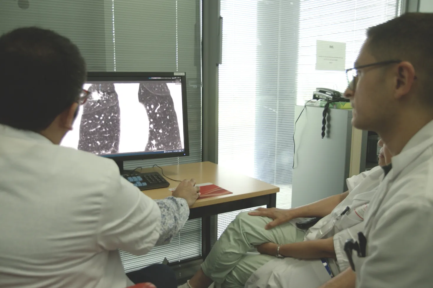 Two male doctors from behind look at images of a lung screening on a computer