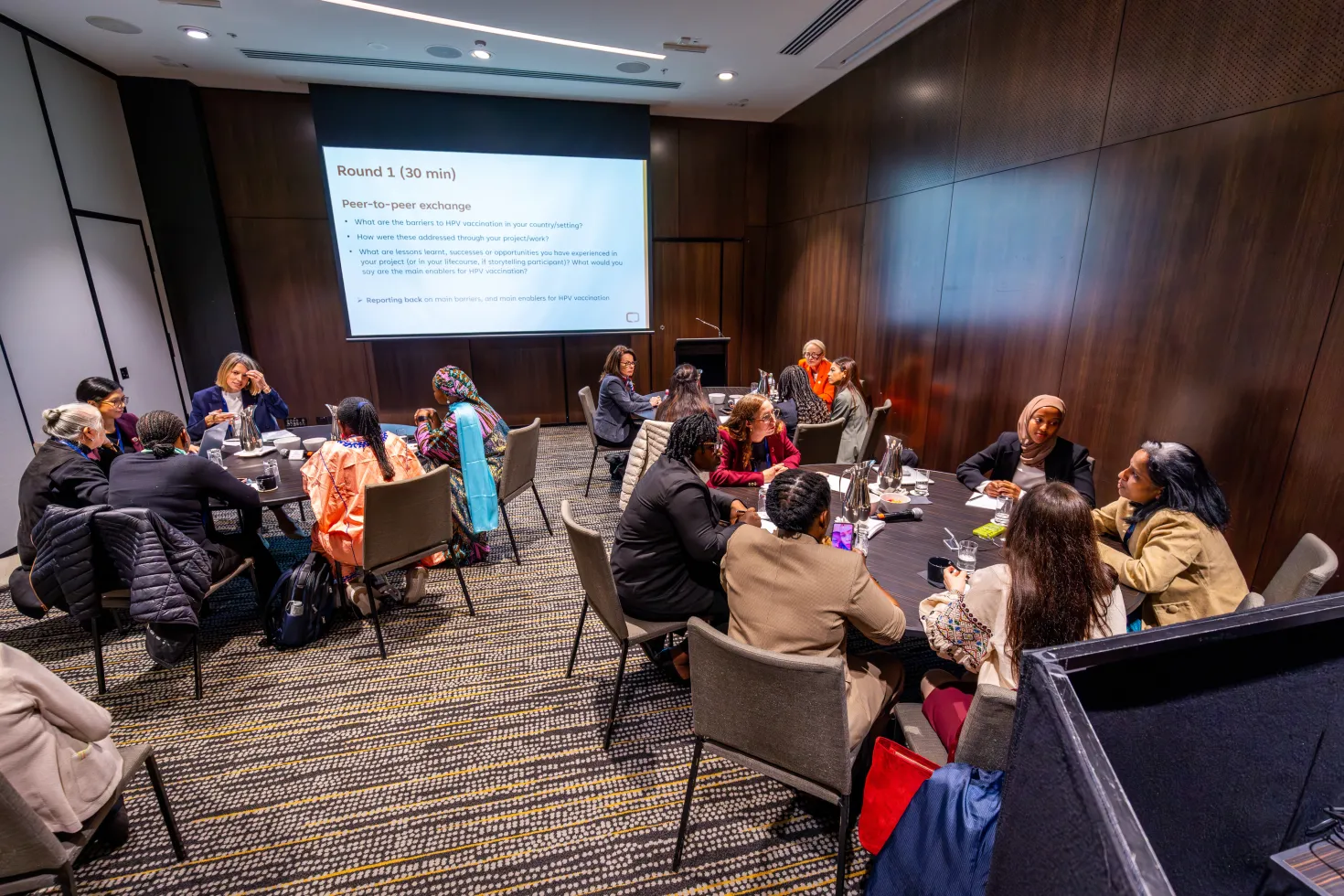 Several roundtables with diverse participants (women) at a workshop