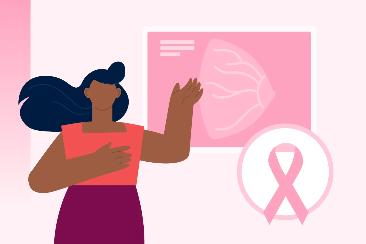 An illustration showing a woman and a graphic representing a breast as well as a pink ribbon