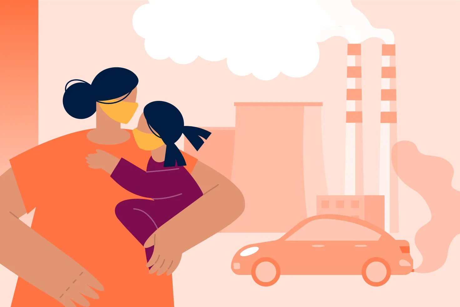 An illustration showing a family with face masks surrounded by pollution from factories and car exhausts, representing cancer and air pollution