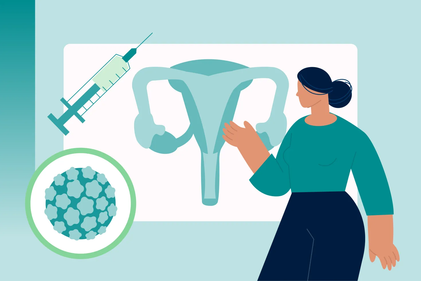 An illustration of a woman in front of a graph with a cervix, a needle and a virus, symbolising cervical cancer elimination