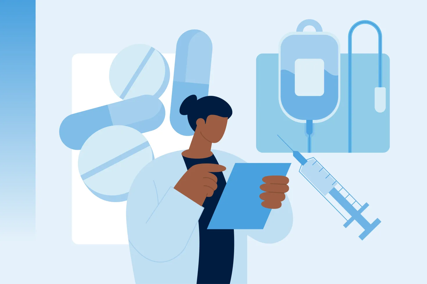 An illustration showing a medical researcher with different medicines in the background, symbolising essential cancer medicines