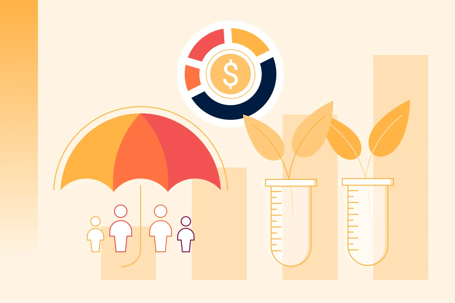 An illustration showing people protected under an umbrella next to growing plants in laboratory tubes and a financial symbol, representing investment in cancer control and sustainable health systems.