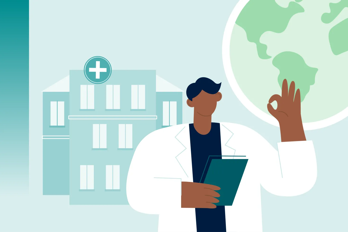 An illustration showing a healthcare professional holding a tablet in front of a hospital and a globe, symbolising universal health coverage and access to care worldwide.