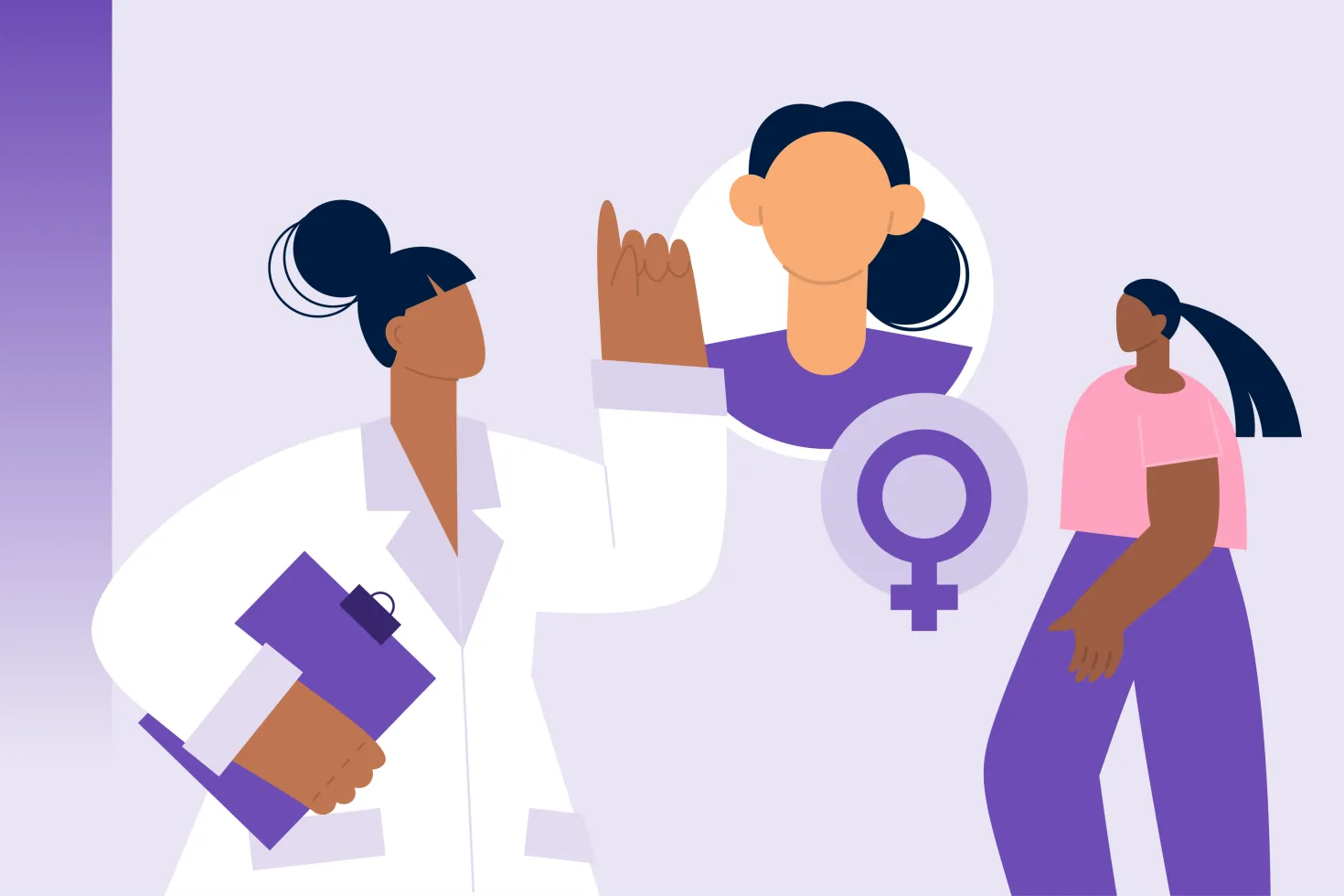 An illustration showing a female healthcare professional and women alongside a female gender symbol, representing women’s health and the impact of cancer on women.