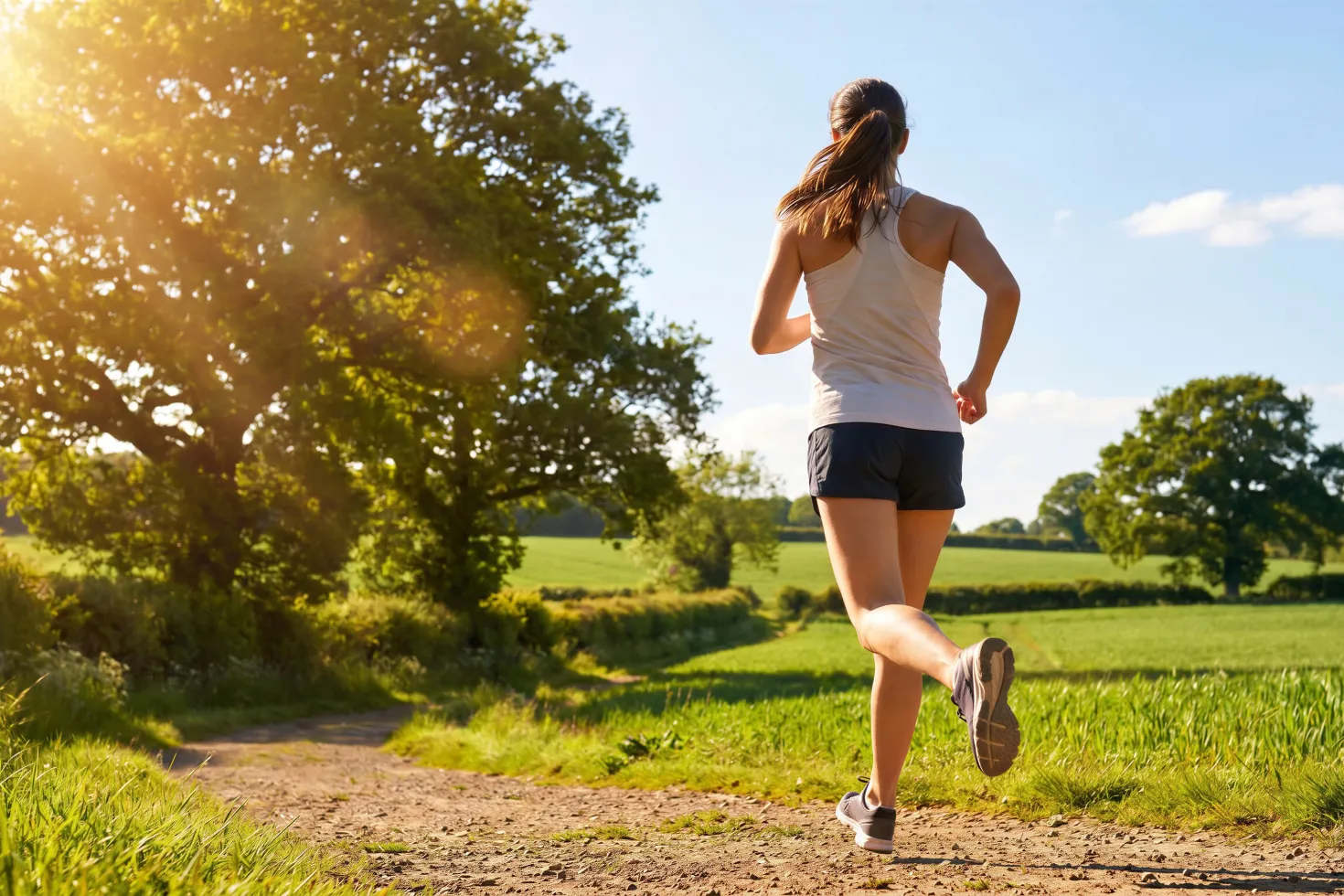 A woman jogging outdoors on a gravel path on a sunny day with green fields and trees