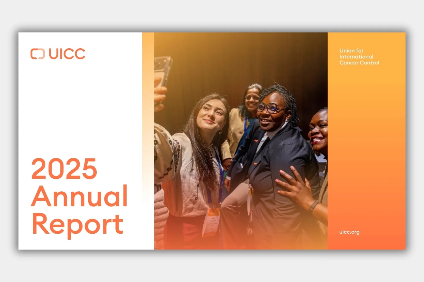The cover of the UICC 2025 Annual Report featuring a photos of many people taking a selfie