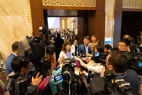 Press interviewing Dilyara Kaidarova at the WCLS 2019
