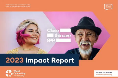 Promotional image for the World Cancer Day 2023 Impact Report featuring young woman and an older man 