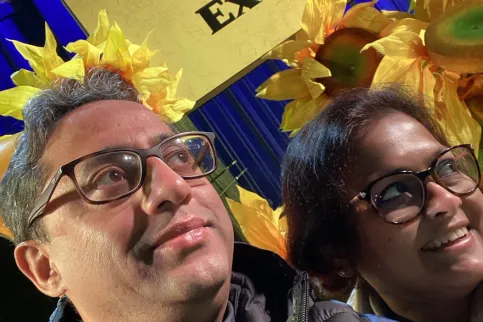 Tilted image of an India couple, Sukanti and Soma Ghosh