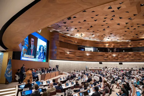 Conference hall at the UN in Geneva for the meeting of the World Health Assembly