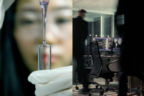 Split screen image, on the left, close up of an Asian woman drop liquid into a test tube, on the right, two people in a science room