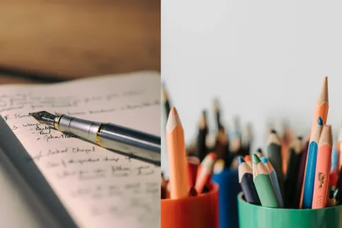 composed image of a notebook and pen on the left, and coloured pencils on the right
