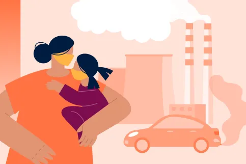 An illustration showing a family with face masks surrounded by pollution from factories and car exhausts, representing cancer and air pollution