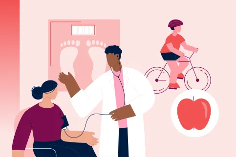 An illustration showing people doing physical activity, an apple for healthy food and a woman having a checkup, symbolising cancer prevention