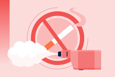 An illustration showing an electronic cigarette and smoke crossed out by a prohibition symbol, symbolising tobacco control and efforts to reduce smoking.