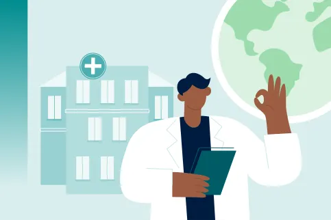 An illustration showing a healthcare professional holding a tablet in front of a hospital and a globe, symbolising universal health coverage and access to care worldwide.