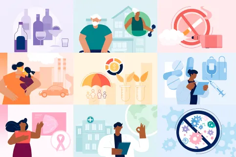 Multiple illustrations representing different thematic areas, such as alcohol, cancer and ageing, tobacco control and others