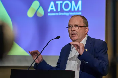 Cary Adams speaking at the ATOM launch