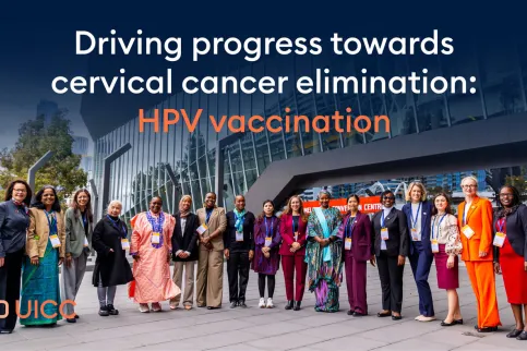 Diverse group of women outside a convention centre, with the text overlay "Driving progress on HPV vaccination"