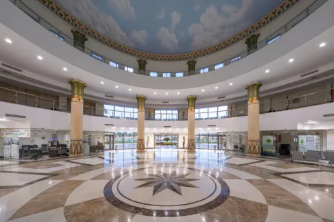 inside view of a hospital lobby, wide open circular space