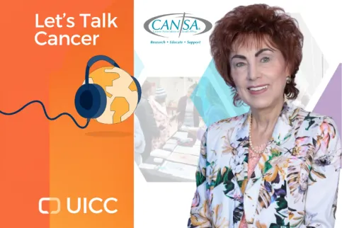 UICC podcast-branded banner with headshot of white woman, guest on the show