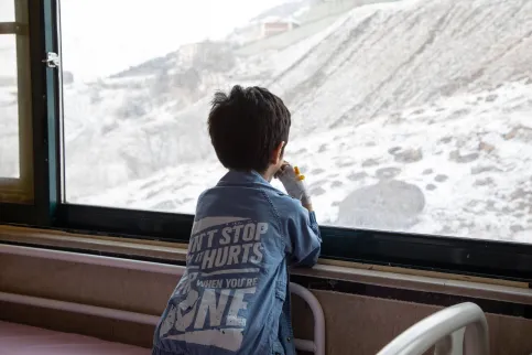 Child looking out a window onto a barren landscape