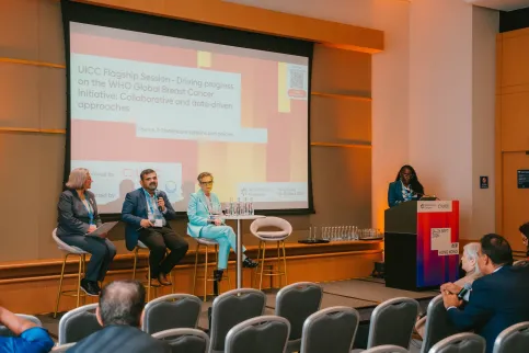 Session panellists, three women and a man, at World Cancer Congress