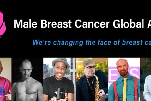 Campaign poster for Male Breast Cancer Global Alliance featuring a number of men
