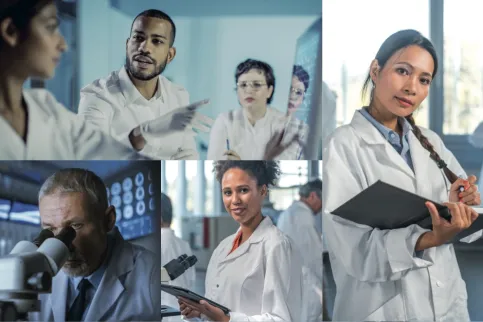 Campaign poster for World Cancer Research Day 2021 with collage of doctors