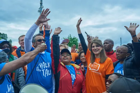 Princess Dina Mired, UICC President (2018-2020) with cancer advocates and Dr Tedros, DG of WHO, and H.E. Margaret Kenyatta, First Lady of Kenya, at Walk the Talk, Geneva, 2019. Photo by Thomas Omondi.