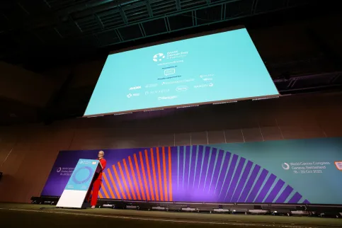 UICC President Elect Ulrike Årehed Kågström speaks at a plenary session at the World Cancer Congress 2022 in front of a giant backscreen