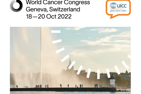 Branded image of UICC's World Cancer Congress, featuring the iconic Jet d'Eau in Geneva, where UICC is headquartered and where WCC2022 will take place
