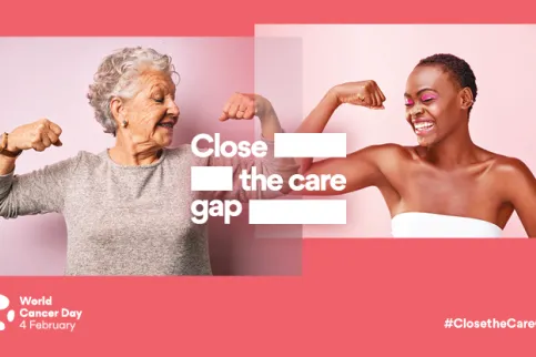 Older white woman and young black woman looking at each other smiling, showing strength, symbolising the new World Cancer Day campaign theme, "Close the care gap"