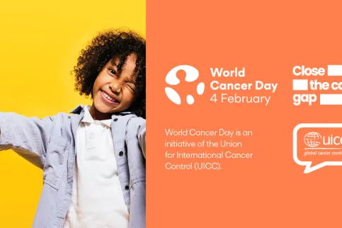 World Cancer Day -branded image of the girl with outstretched hands giving the victory sign