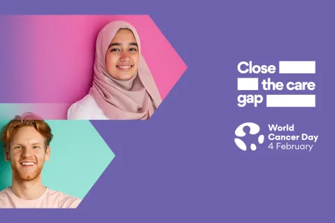 Campaign image for World Cancer Day, featuring WCD and UICC logos, a white man and a young Middle Eastern woman with headscarf