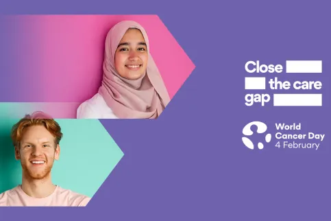 World Cancer Day 2022-2024 campaign image featuring a man and woman of different ethnicities.