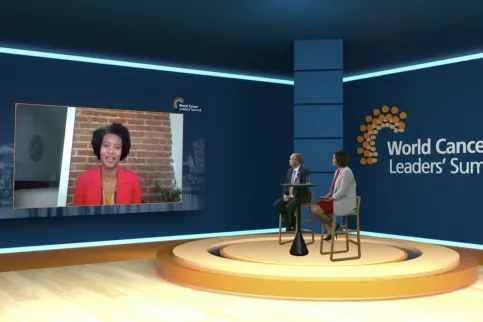 UICC CEO Dr Cary Adams and WCLS 2021 moderator Hannah Vaughan Jones, Emmy-nominated journalist, on the broadcast platform for the 2021 virtual World Cancer Leaders' Summit