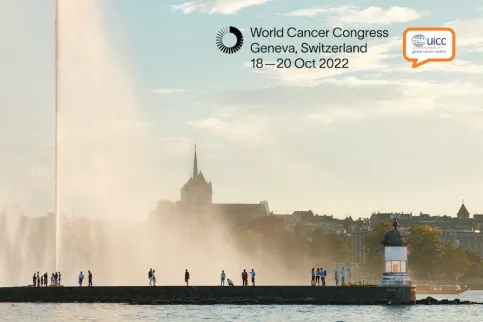 Image of the Jet d'eau, a landmark of Geneva, Switzerland, a global health hub, with the dates of UICC's 2022 World Cancer Congress, 18-20 October.