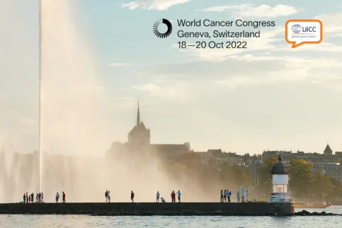 Image of the Jet d'eau, a landmark of Geneva, Switzerland, a global health hub, with the dates of UICC's 2022 World Cancer Congress, 18-20 October.