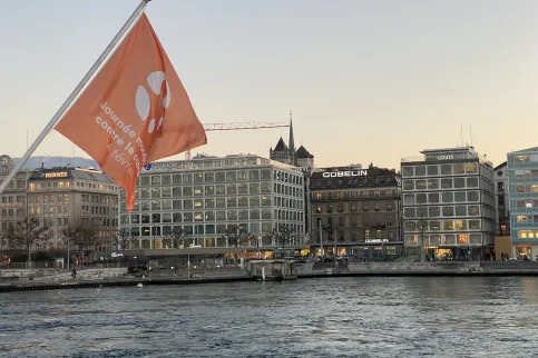 Branded World Cancer Day flag on the Mont Blanc bridge in Geneva for World Cancer Day 2023