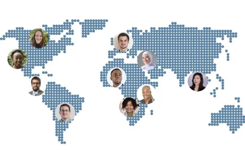 Recreated world map featuring the headshots of the ten new young cancer professionals who were selected to join UICC's new 2021-2022 cohort of Young Leaders