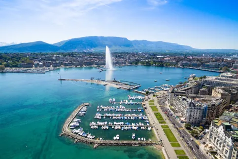 Bird's eye view of Geneva with the Jet d'eau landmark