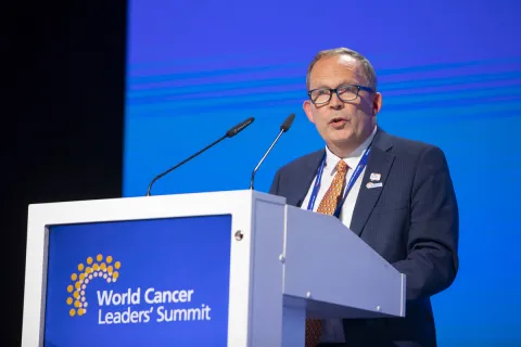 Cary Adams speaking at the 2019 World Cancer Leaders Summit in Kazakhstan