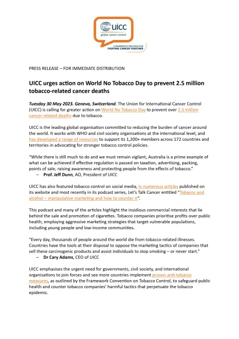 Cover page of UICC's press release for World No Tobacco Day
