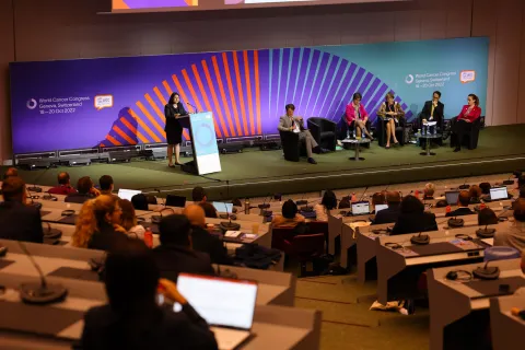 The Associate Minister of Health of New Zeland giving a speech at the plenary room at the Congress centre in Geneva during the World Cancer Congress 2022.