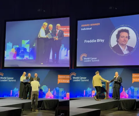 Combined podium shot of award winners being congratulated on stage