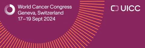 Brand banner of UICC's World Cancer Congress 2024, in purple with partial orange circle with UICC logo