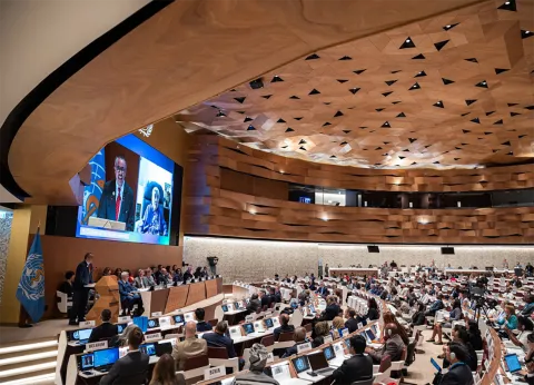 Conference hall at the UN in Geneva for the meeting of the World Health Assembly